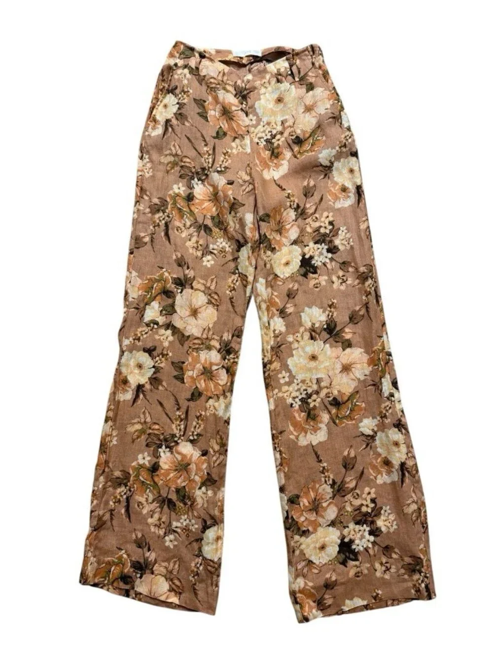 Mango Linen Floral Pants Size 2 Brown Wide Leg High Rise Boho